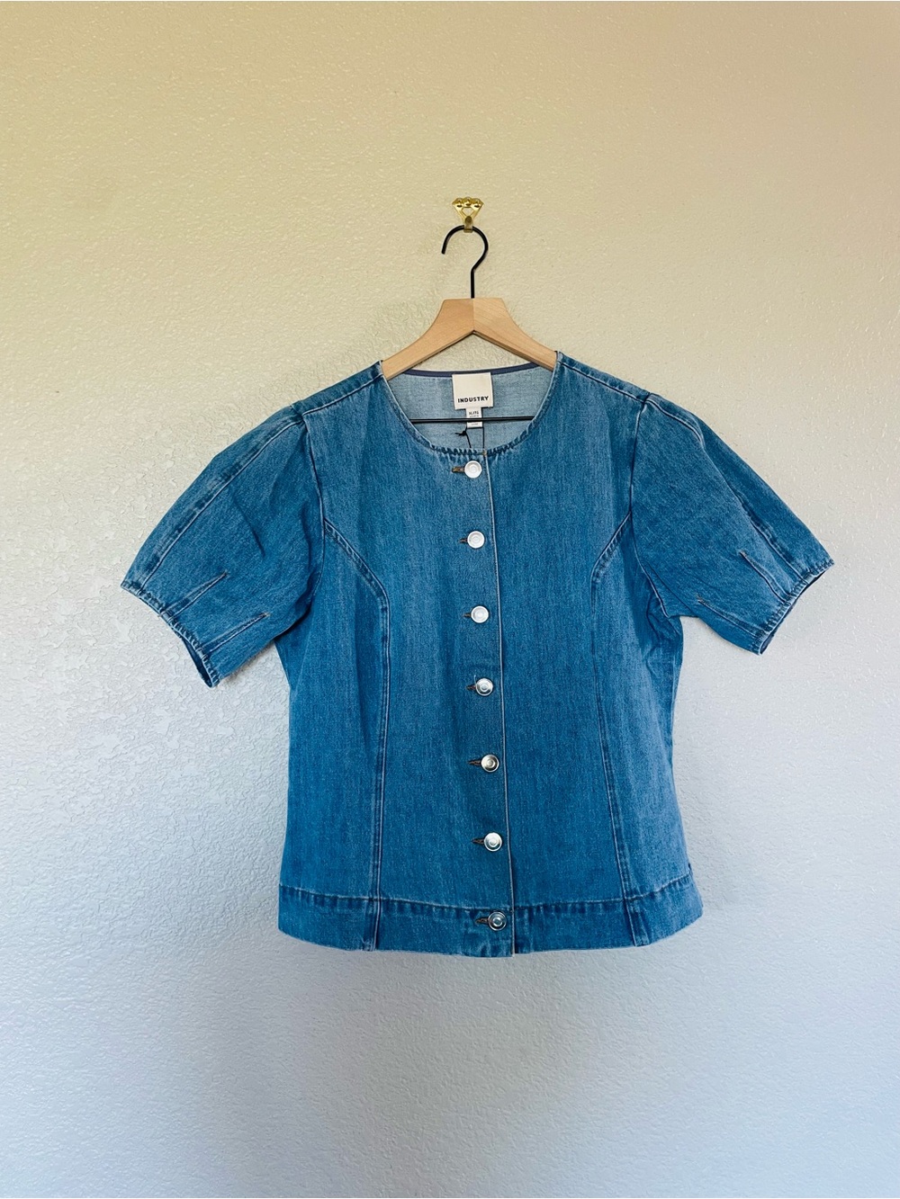 INDUSTRY Blue Denim Button Front Puff Sleeve Top NWT